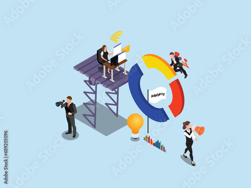 Rocket business, team working to create new project 3d isometric vector concept for landing page, banner, illustration