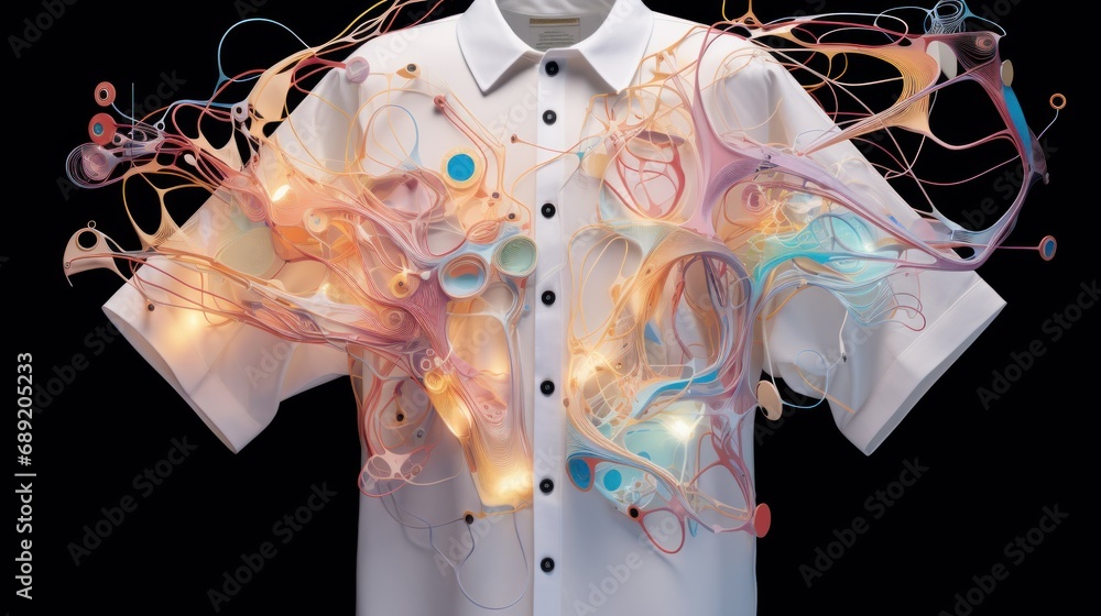 Artificial Intelligence AI in Fashion. AI-Inspired clothing with Abstract Art pattern, AI-generated shapes and colors, mimicking the flow of data in a neural network.
