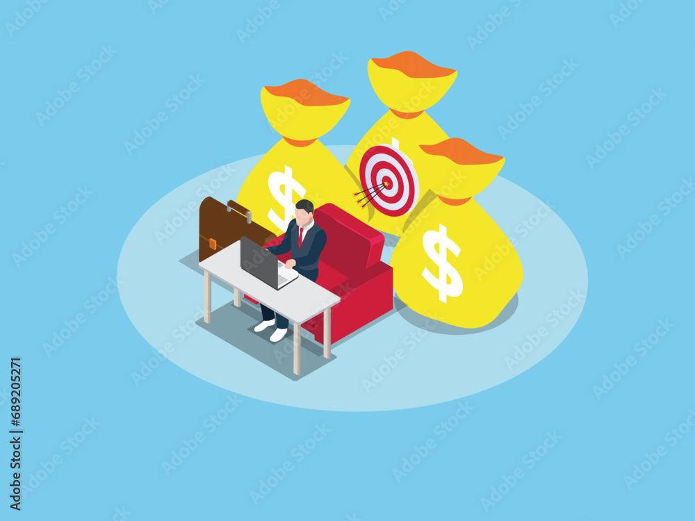 Businessman working on laptop to achieve profit target 3d isometric vector concept for landing page, banner, illustration Businessman working on laptop to achieve profit target 3d isometric vector concept for landing page, banner, illustration