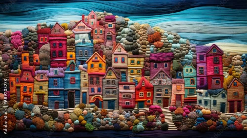 Textured Yarn Artwork of a Quaint Colorful Town. Intricate yarn artwork featuring a densely packed town with houses in a spectrum of colors, set against a swirling yarn sky.