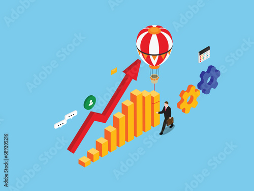 Increasing bar chart and a hot air balloon rising 3d isometric vector concept for landing page, banner, illustration