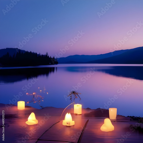 A serene lakeside scene bathed in the gentle glow of candlelight.