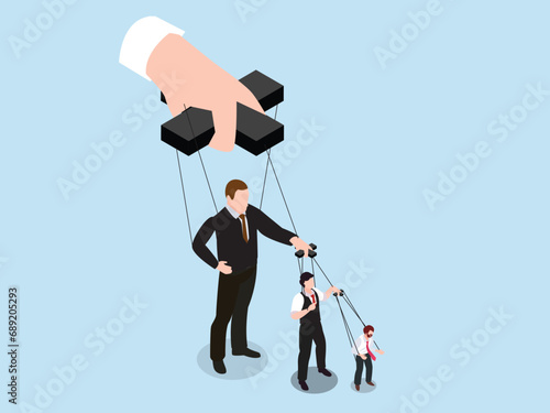 Business people controlling other business people with strings 3d isometric vector concept for landing page, banner, illustration
