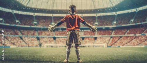 9 year old goalkeeper standing in the stadium,generative ai