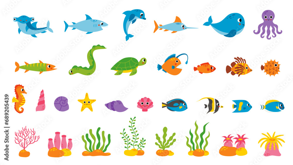 Set of cute sea animals in cartoon style on white background. - obrazy, fototapety, plakaty 