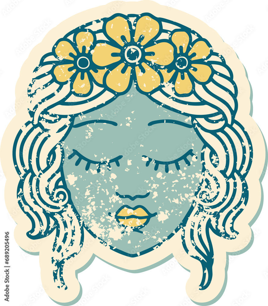Fototapeta premium iconic distressed sticker tattoo style image of a maidens face