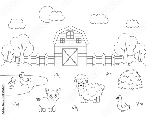 Color farm landscape with cute animals. Educational coloring page for kids.