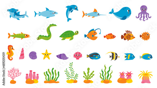 Set of cute sea animals in cartoon style on white background.
