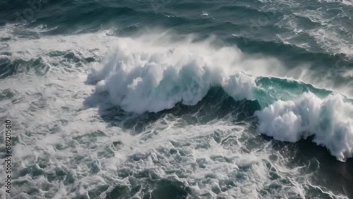 Beautiful texture of big power dark ocean waves with white wash. Aerial top view footage of fabulous sea tide on a stormy day. Drone filming breaking