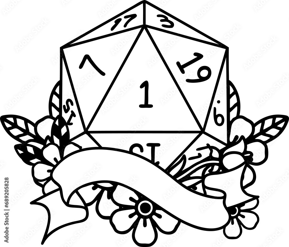Black and White Tattoo linework Style natural one d20 dice roll Black and White Tattoo linework Style natural one d20 dice roll
