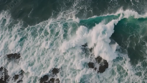 Beautiful texture of big power dark ocean waves with white wash. Aerial top view footage of fabulous sea tide on a stormy day. Drone filming breaking