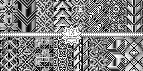 A set of vector seamless patterns. Modern geometric textures. Monochrome.