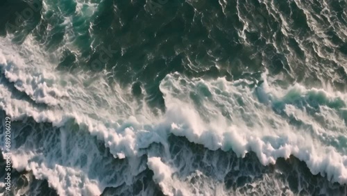 Beautiful texture of big power dark ocean waves with white wash. Aerial top view footage of fabulous sea tide on a stormy day. Drone filming breaking
