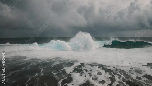 Beautiful texture of big power dark ocean waves with white wash. Aerial top view footage of fabulous sea tide on a stormy day. Drone filming breaking