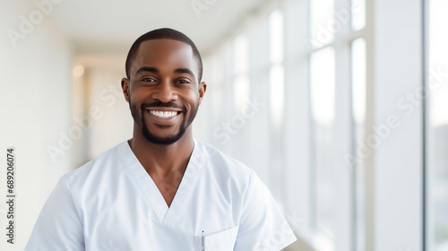 Portrait of a black nurse doctor man looking at the camera with a smile on a white bright blurred hospital background