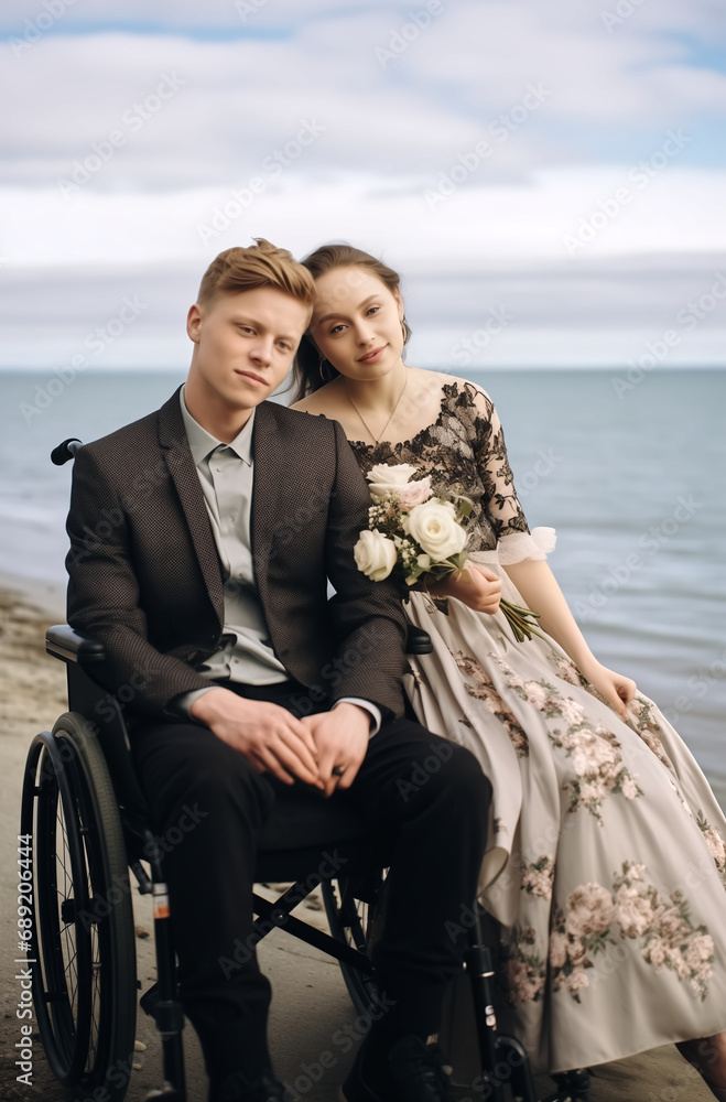 Fototapeta premium happy couple with a wheelchair,Disabilities-specific content