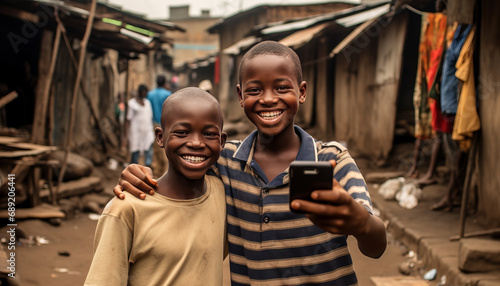 two african boys in the slums taking a selfie.laughing,generative ai