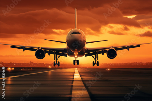 passenger airplane at airport landing / taking off at sunset