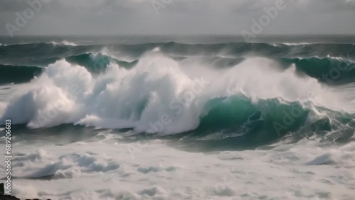 Beautiful texture of big power dark ocean waves with white wash. Aerial top view footage of fabulous sea tide on a stormy day. Drone filming breaking