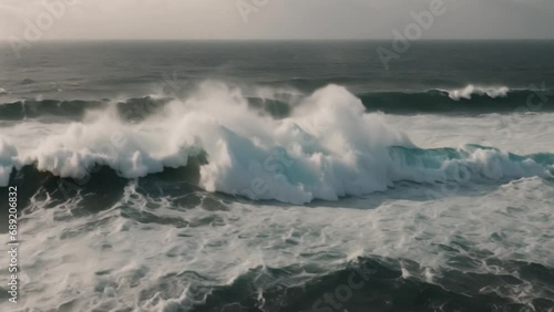 Beautiful texture of big power dark ocean waves with white wash. Aerial top view footage of fabulous sea tide on a stormy day. Drone filming breaking