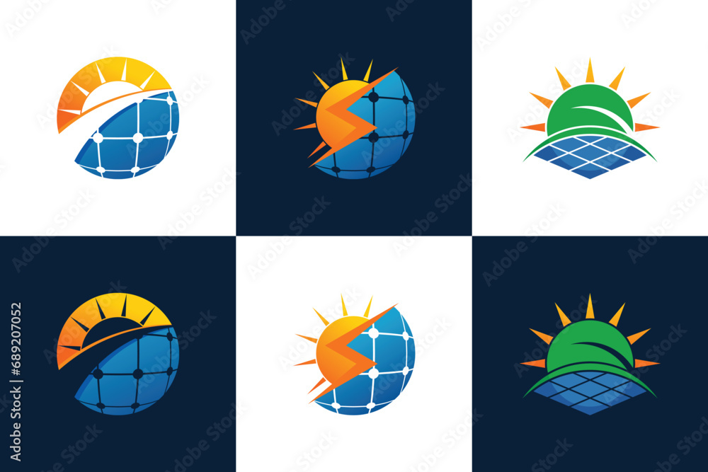 collection of sun solar energy logo design with solar panel tech