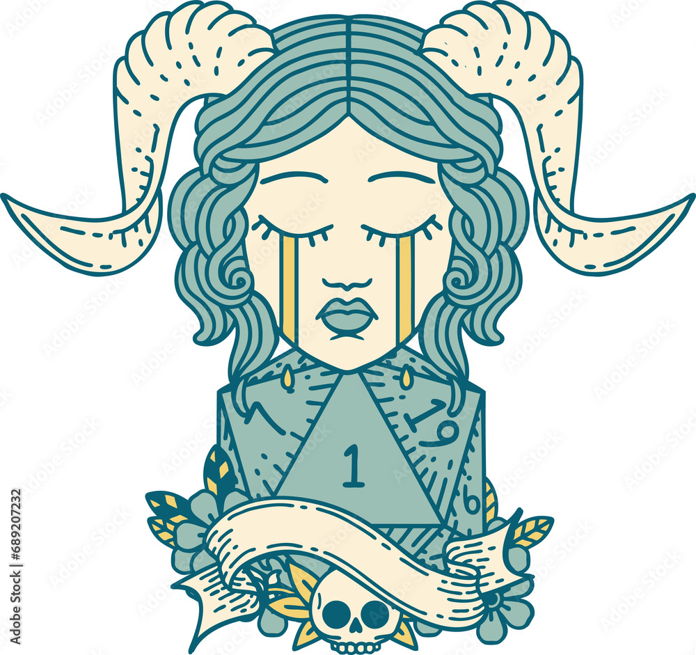 Retro Tattoo Style crying tiefling with natural one D20 dice roll Retro Tattoo Style crying tiefling with natural one D20 dice roll