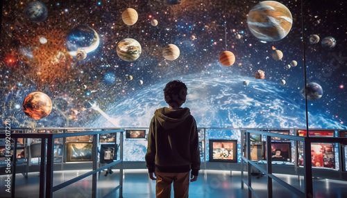 Young Middle Eastern boy explores space science exhibition on a school trip Generative AI.
