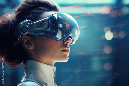 Futuristic portrait of a brunette wearing virtual reality goggles against a blue blurred background with lights.
