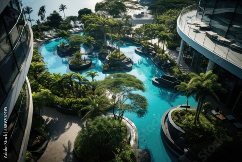 An overhead view of the Balinese hotel landscape with pool and palm trees.