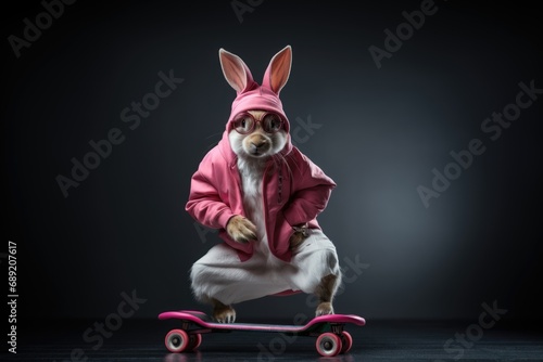 Funny hare in pink hoodie and sunglasses on skateboard on dark gray background.