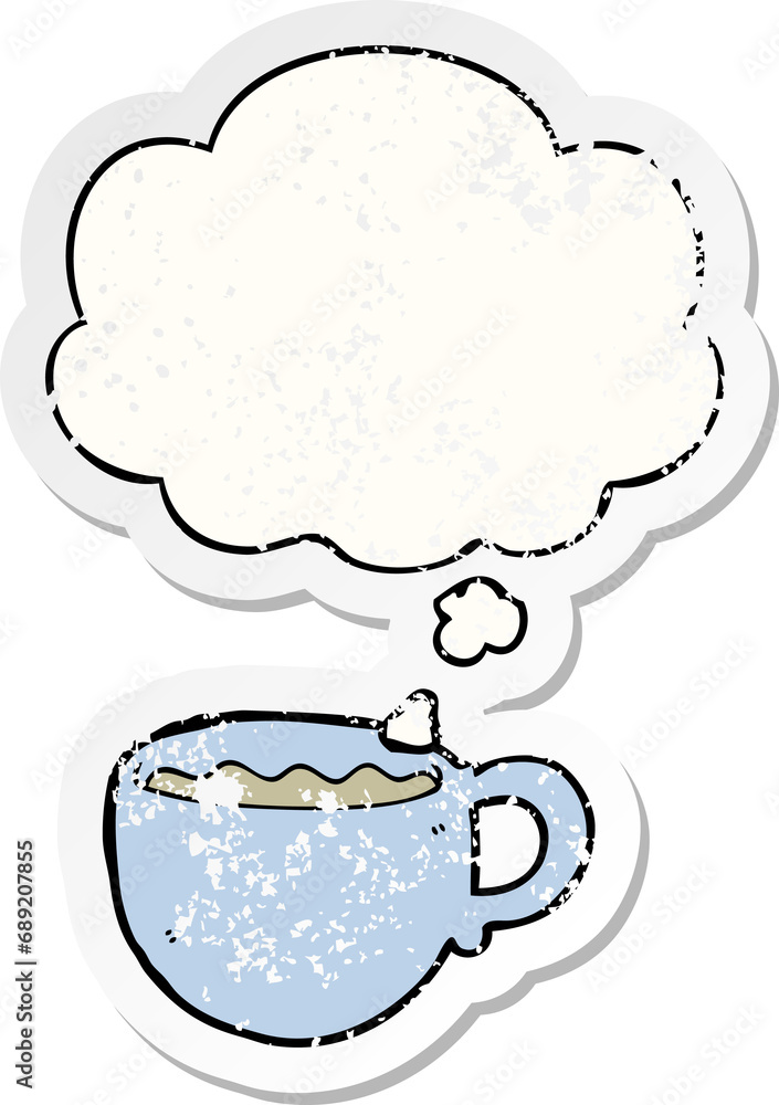 cartoon coffee cup with thought bubble as a distressed worn sticker cartoon coffee cup with thought bubble as a distressed worn sticker