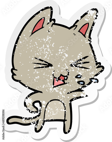 distressed sticker of a cartoon cat hissing