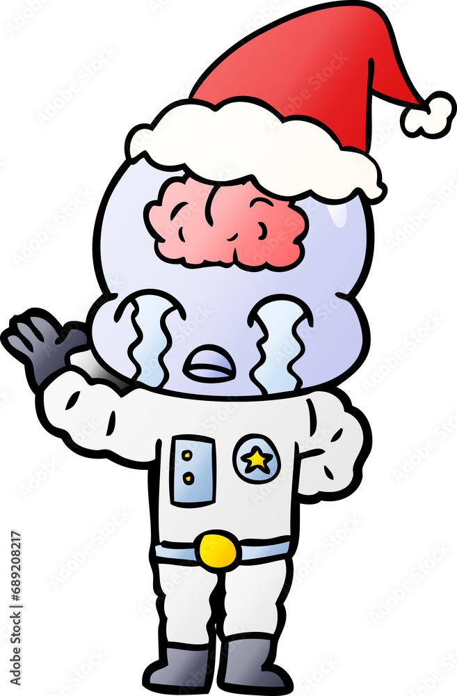 hand drawn gradient cartoon of a big brain alien crying wearing santa hat