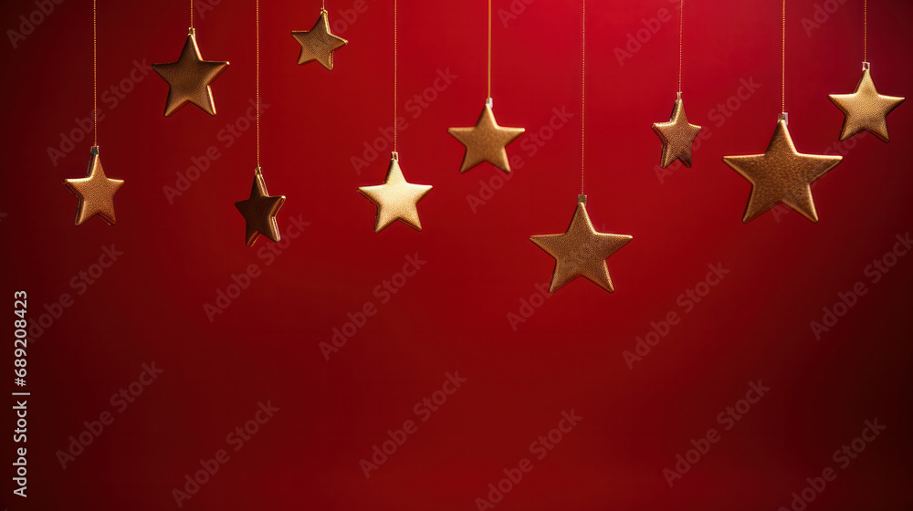 golden stars hanging on red background, red christmas background