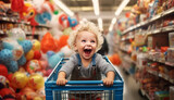 Joyful baby explores endless toddler supplies in a superstore.
