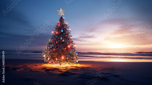 christmas tree in the evening at beach, decorated Christmas tree on beach