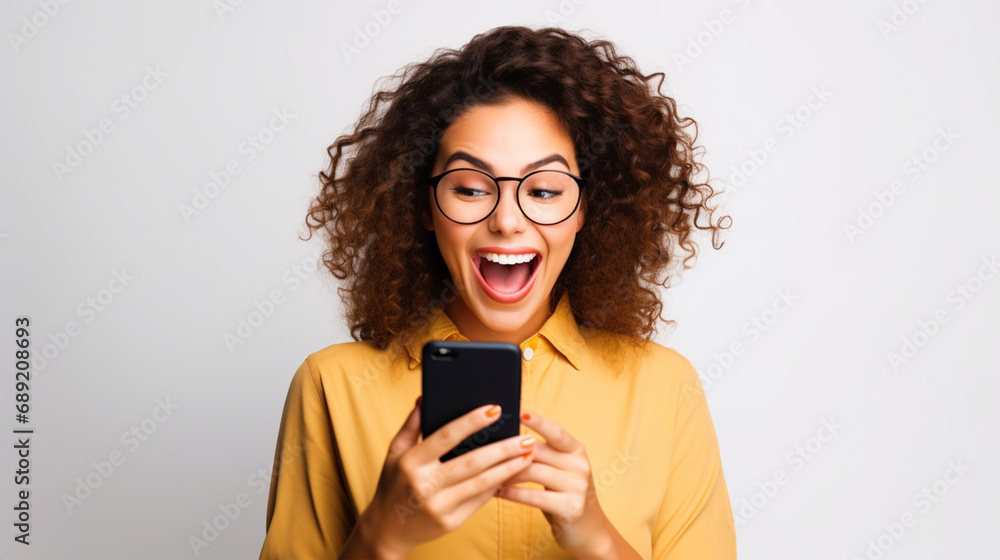 Woman holding phone in hands portrait on isolated background - ai generative Woman holding phone in hands portrait on isolated background - ai generative