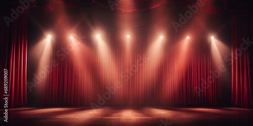 red curtains ,Fondo cortinas rojas ilustración ,Magic theater stage red curtains show spotlight digital illustration painting artwork generative ai 