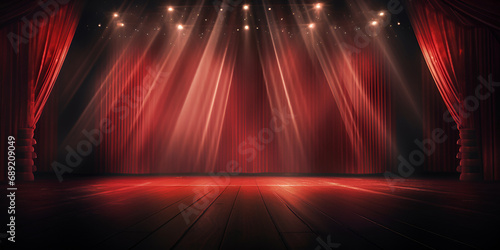 stage with spotlight ,Magic theater stage red curtains Show Spotlight,Rideaux Rouges De Scène De Théâtre Magique Show Spotlight Generative Ai
 photo