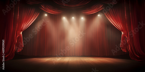 red curtain with spotlight ,Fotos De Diseno  Escenario ,Fotos Teatro Palco Vazio ,Rideaux Rouges De Scène De Théâtre Magique Show Spotlight Generative Ai
 photo