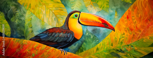 Modern toucan bird art with tropical flowers and botanical foliage background. Colorful toco hornbill in paradise for vacation beach travel, cartoon exotic jungle, modern graphic resource by Vita © Vita