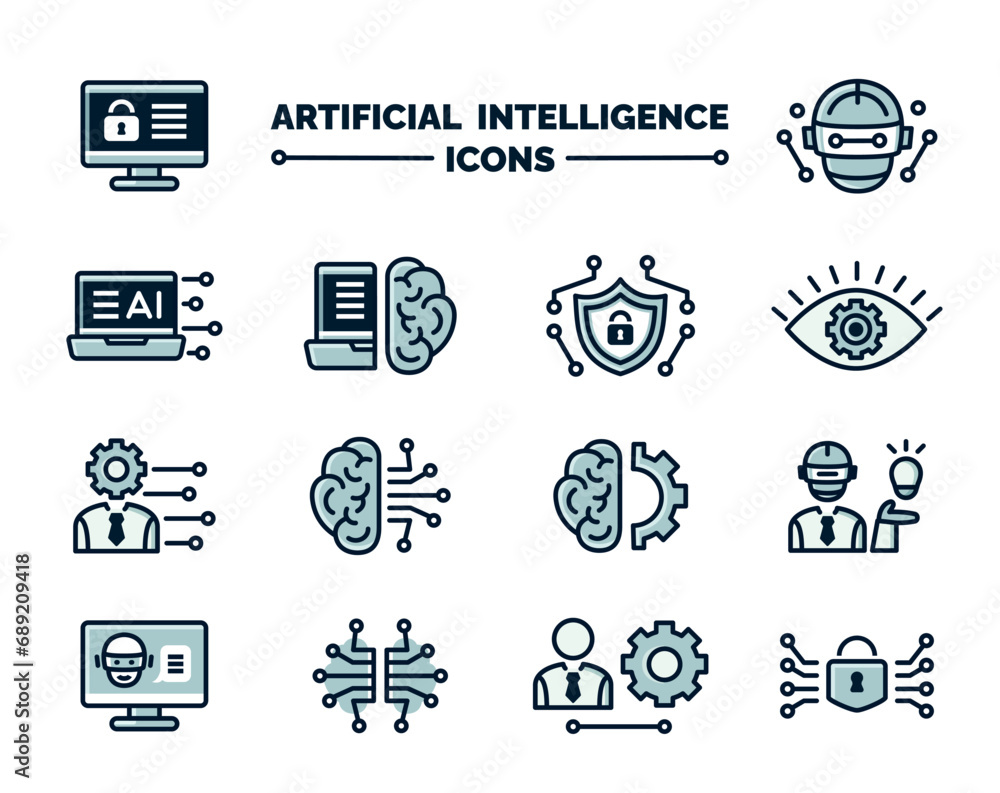 A set of linear icons with fill on the theme of artificial intelligence, security, and technology.