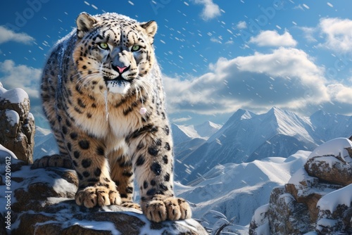 Image of snow leopard running in the mountains wood photo