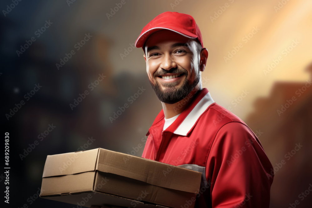 delivery man over cityscape with box , for logistic and shipping cargo service business delivery man over cityscape with box , for logistic and shipping cargo service business