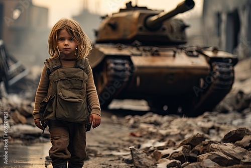 Lone child walking in destroyed city photo