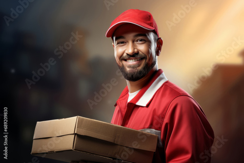 delivery man over cityscape with box , for logistic and shipping cargo service business © zamuruev