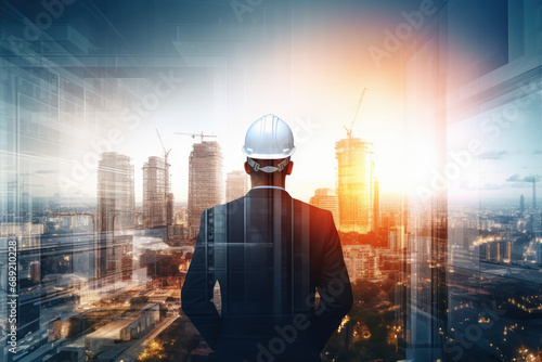 The double exposure image of the engineer standing back during sunrise overlay with cityscape image. The concept of engineering, construction, City life and future.