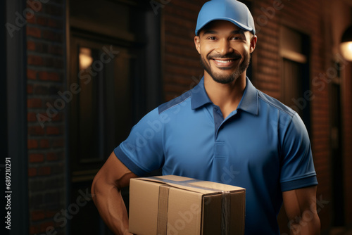 delivery man with parcel box on street background. delivery service, logistics, shipping © zamuruev