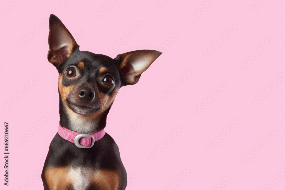 Portrait of friendly little dog isolated on pink background with copy space for text. AI generative.