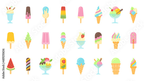 Ice cream flat icons set. Cartoon web sign kit of icecream. Waffle cones sundae colorful icon. Summer sweet cold fruit food lolly dessert. Popsicle with various flavours colourful chocolate glazing